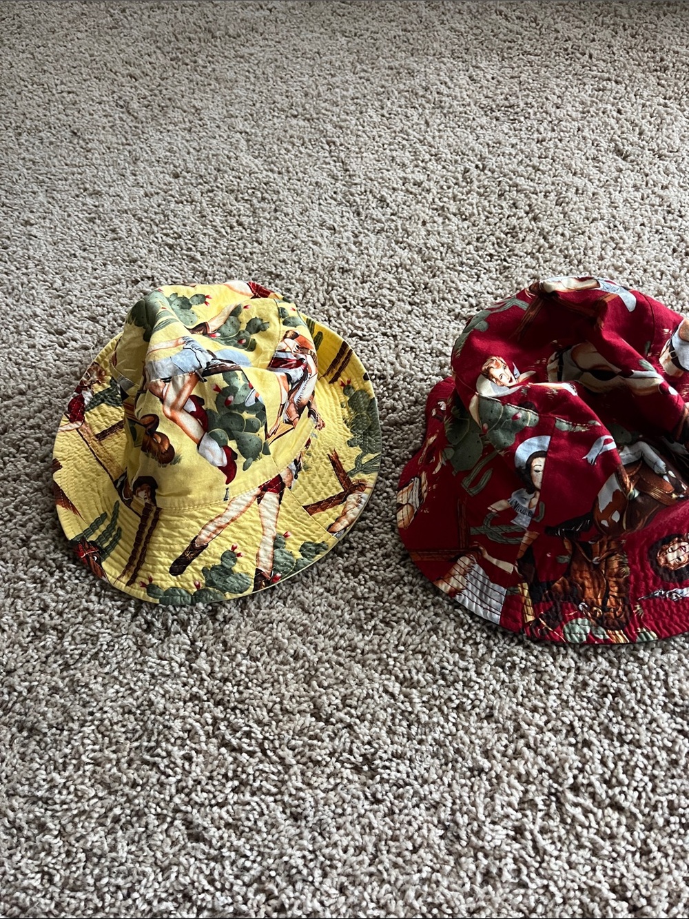 Two Yellow Cowboy Print Bucket Hats, reversible - Unbranded